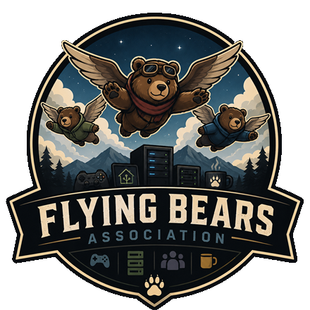 Flying Bears Association — a goggled bear in flight above a server rack